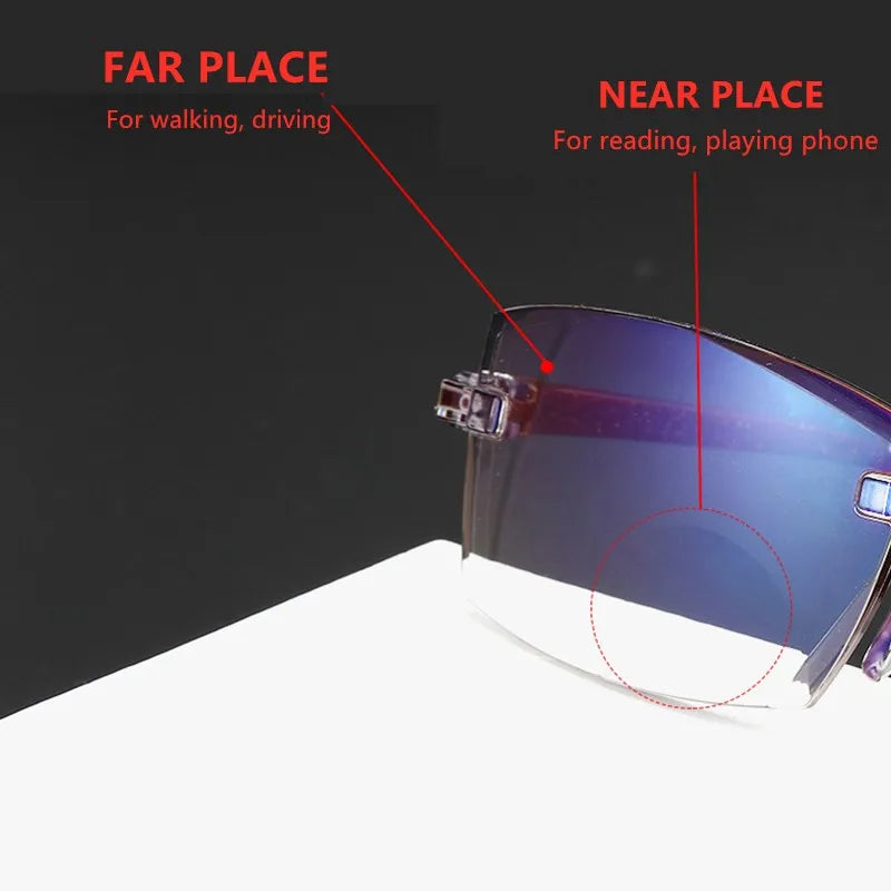 2023 New Men Women Rimless Reading Glasses Anti Blue Light Bifocal Far Near Magnification Eyewear Presbyopic Glasses +150 +200