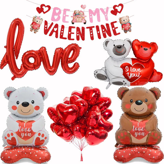 100cm Teddy Bear Standing Balloon Valentine Banner For Valentine's Day Decorations I Love You Foil Balloon