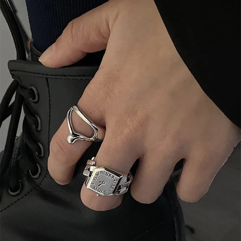 2023 Korean Silver Colour Roman Numeral Ring Vintage Fashion Clock Woman Open Ring Party Gift