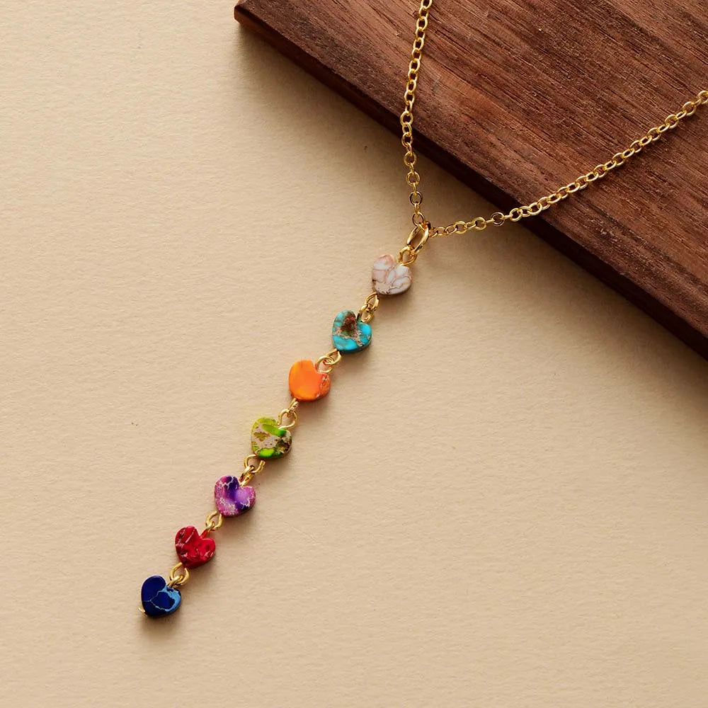 High End Natural Stones 7 Chakra Gold Plated Chain Heart Pendant Chokers Necklace Minimalist Women Spiritual Layered Jewelry