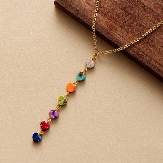 High End Natural Stones 7 Chakra Gold Plated Chain Heart Pendant Chokers Necklace Minimalist Women Spiritual Layered Jewelry
