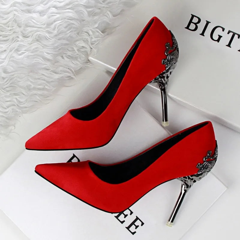 2023 Spring Women Shoes Pointed Toe Pumps Dress Shoes 10CM Thin High Heels Boat Shoes Flock Frosted Metal Hollow Wedding Shoes