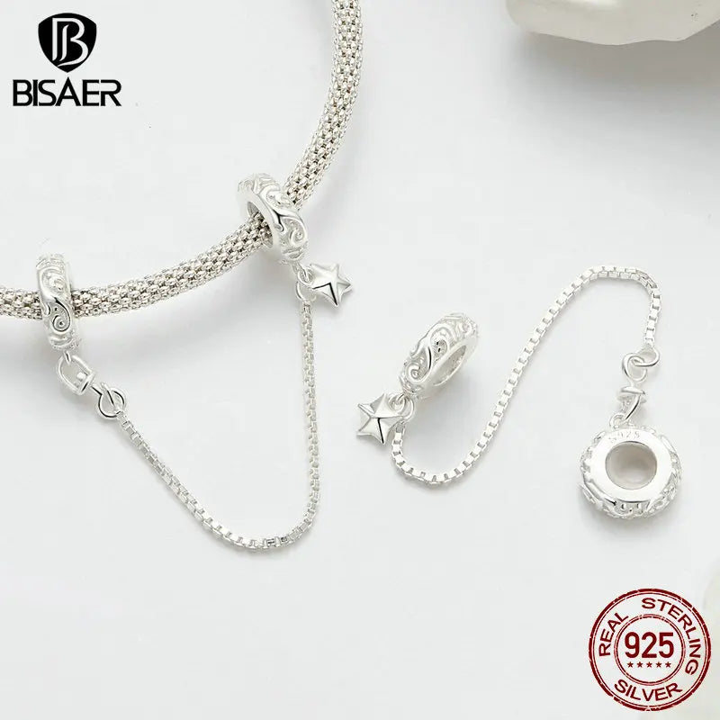 BISAER 100% 925 Sterling Silver Moon Star Charm Bead Floral Pattern Safety Chain Fit Woman DIY Bracelet Fine Jewelry ECC2619