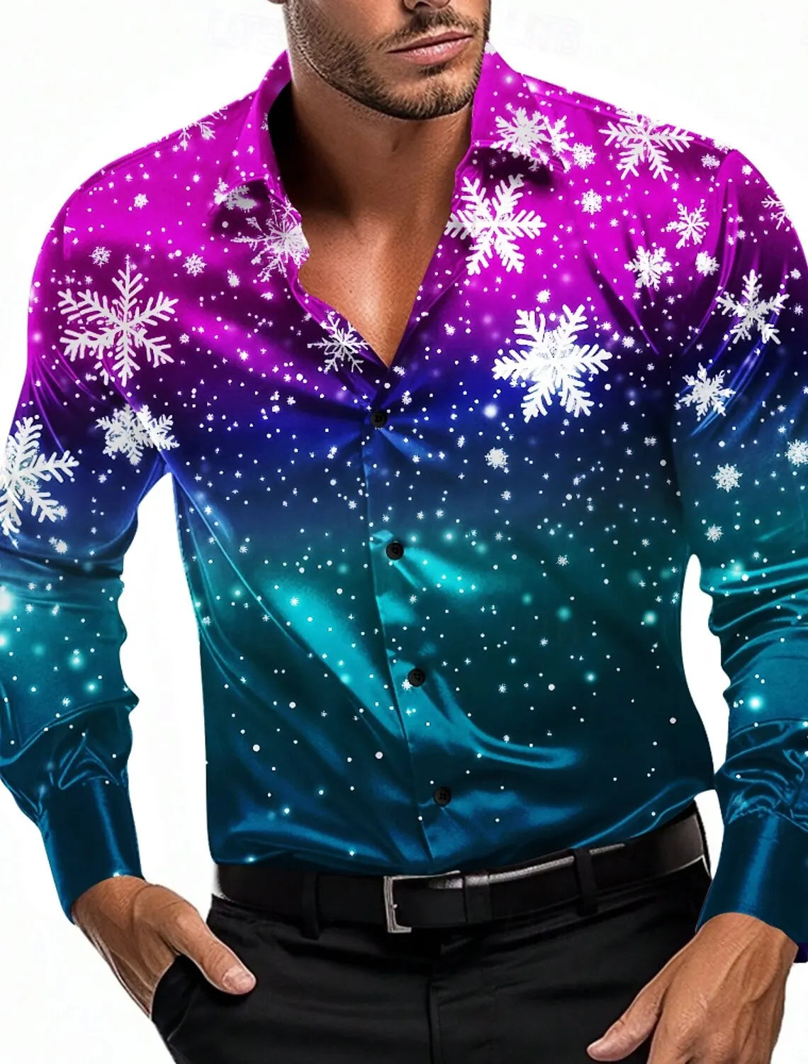 Christmas Theme Men's Christmas Scene Printed Shirts Snowflake Gradient Graphics Button Up Long Sleeve Shirts Fashion Tops Thin