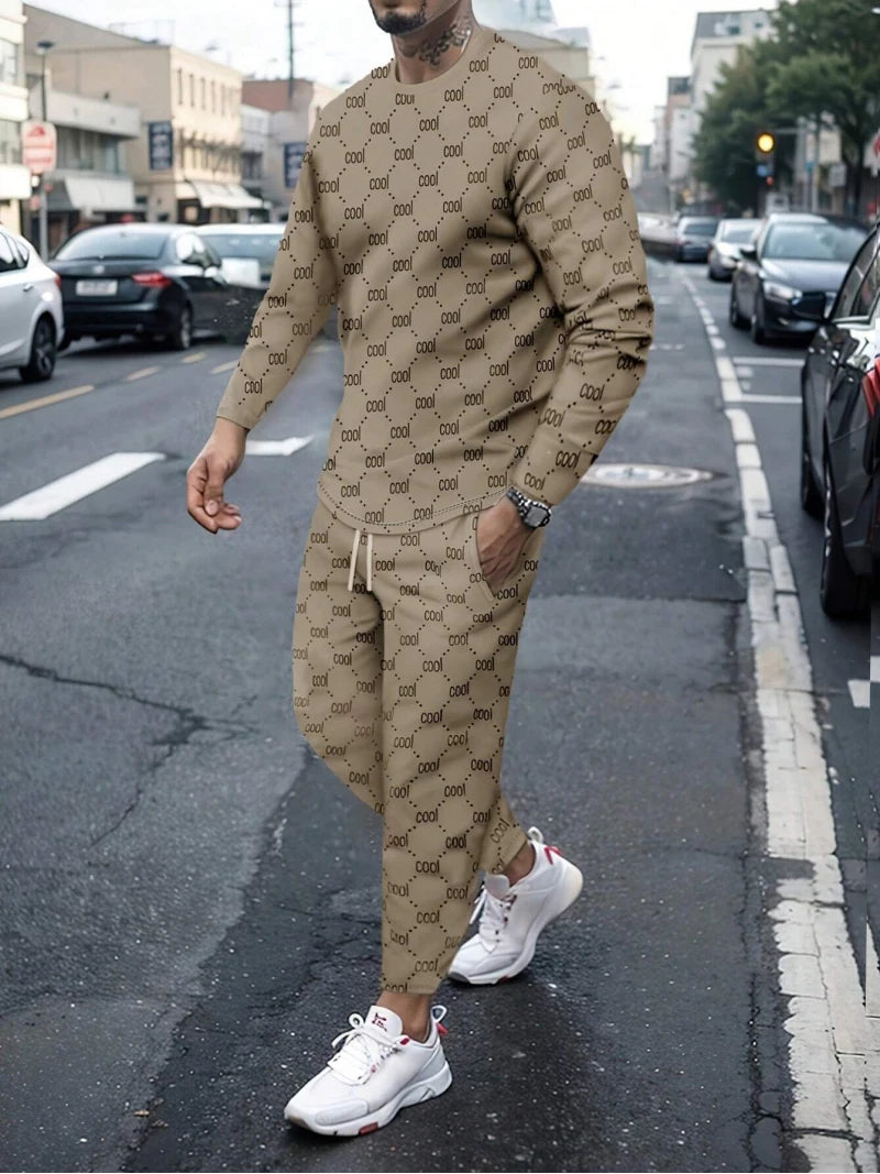 Casual Men's Short Sleeve Suit Fashion Trend CooL Letter Print Round Neck Short Sleeve and Long Pants Trendy Two Piece Set