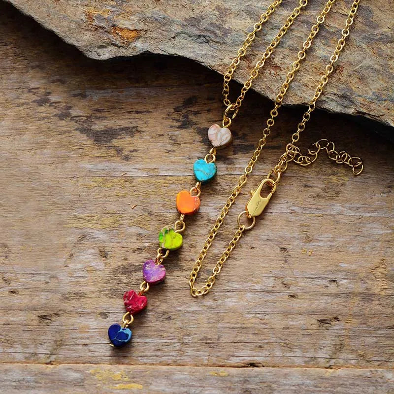 High End Natural Stones 7 Chakra Gold Plated Chain Heart Pendant Chokers Necklace Minimalist Women Spiritual Layered Jewelry