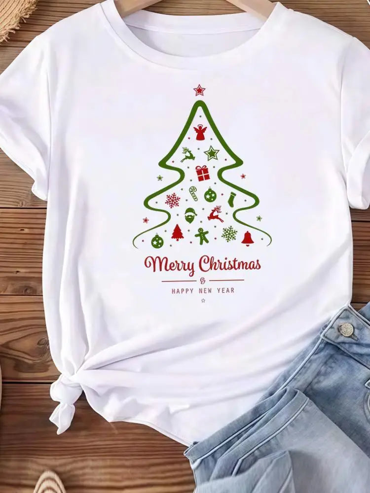Christmas Clothes Holiday Printed Fashion New Year Women T Shirts Watercolor Tree Cute Top Merry Tees Clothing Graphic T-shirts