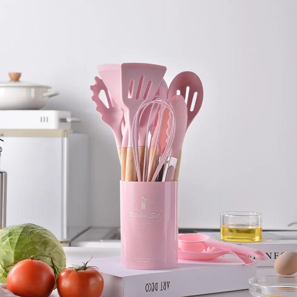 12Pcs Silicone Utensils Set Non-Stick Cookware Spatula Shovel Egg Beaters Wooden Handle Kitchenware Home Kitchen Cooking Tools