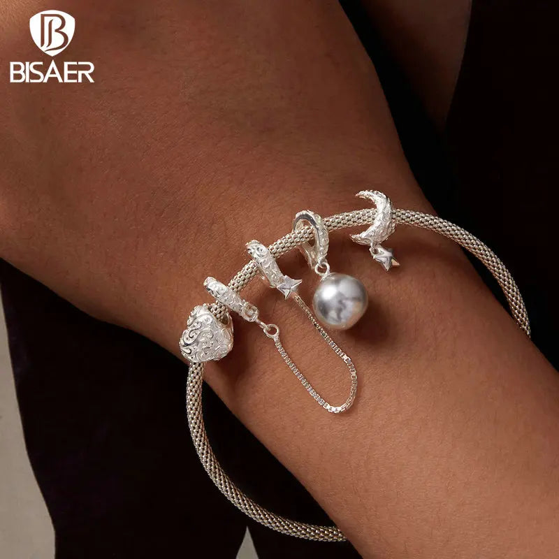 BISAER 100% 925 Sterling Silver Moon Star Charm Bead Floral Pattern Safety Chain Fit Woman DIY Bracelet Fine Jewelry ECC2619