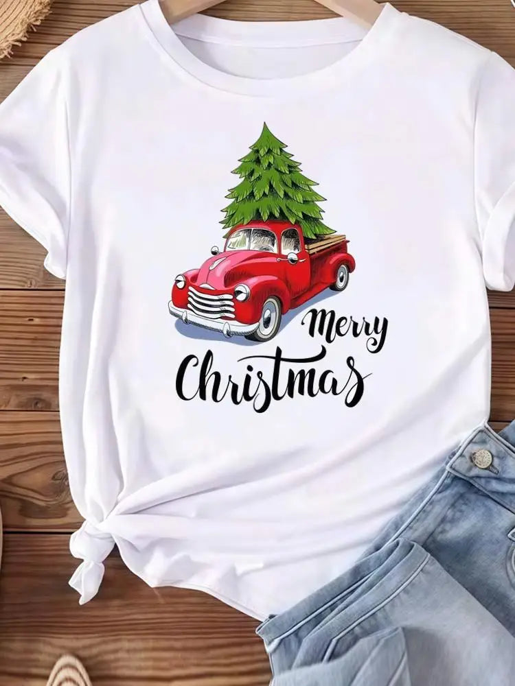 Christmas Clothes Holiday Printed Fashion New Year Women T Shirts Watercolor Tree Cute Top Merry Tees Clothing Graphic T-shirts