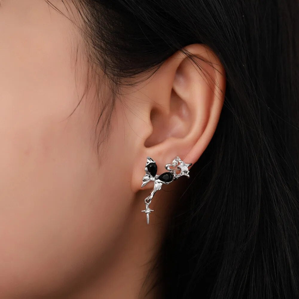 Goth Black Butterfly Crystal Star Earring Set For Women Girl Vintage Aesthetic Heart Stud Earring Trendy Y2K Jewelry Accessories