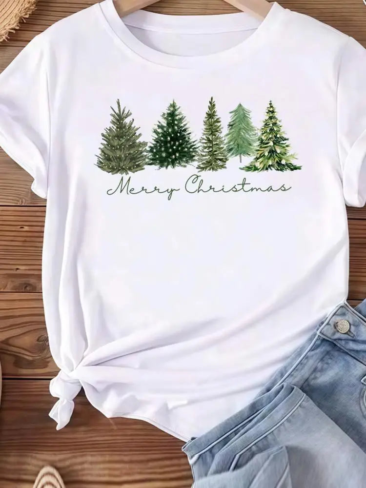 Christmas Clothes Holiday Printed Fashion New Year Women T Shirts Watercolor Tree Cute Top Merry Tees Clothing Graphic T-shirts