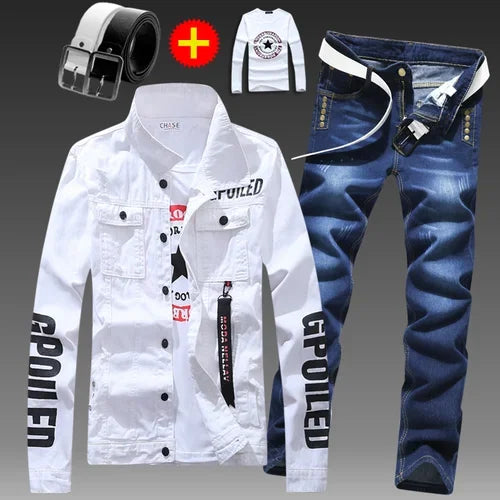 Men's Slim Fit Denim Jacket Pants 2pcs Set Long Sleeve Coats Letters Printed Casual Large Size Black White Red Boys Trousers