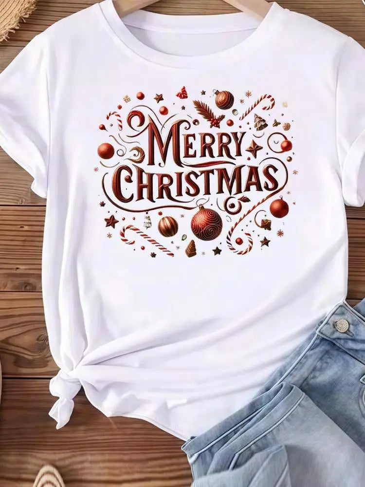 Christmas Clothes Holiday Printed Fashion New Year Women T Shirts Watercolor Tree Cute Top Merry Tees Clothing Graphic T-shirts