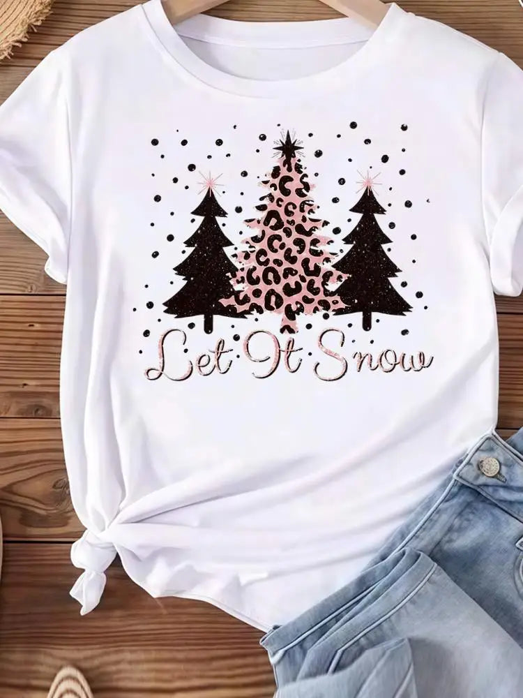 Christmas Clothes Holiday Printed Fashion New Year Women T Shirts Watercolor Tree Cute Top Merry Tees Clothing Graphic T-shirts