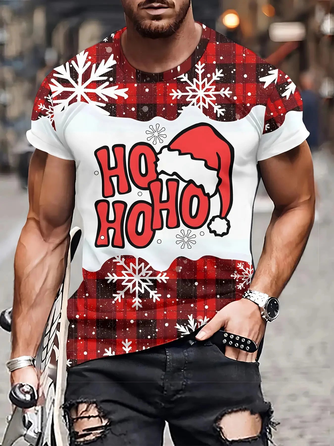 Christmas men's shirt, snow train scene printed t-shirt, soft and durable fabric, fashionable and casual Christmas clothing