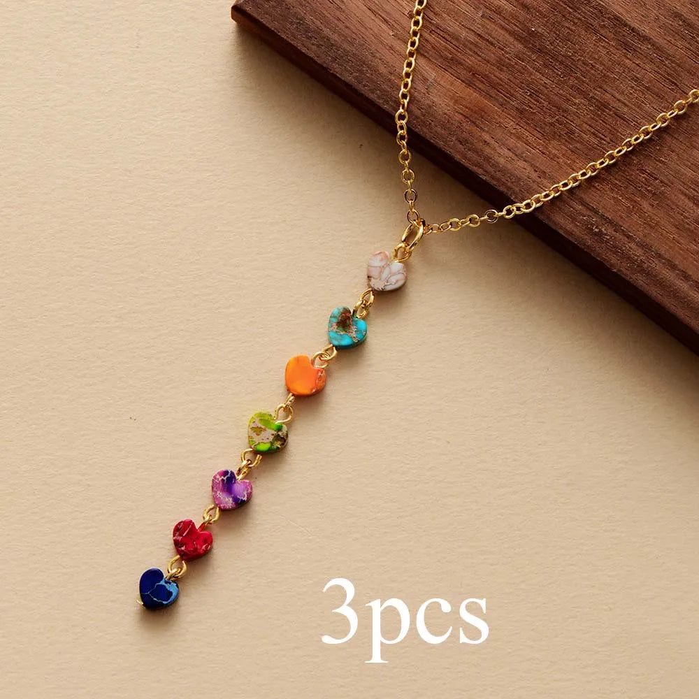 High End Natural Stones 7 Chakra Gold Plated Chain Heart Pendant Chokers Necklace Minimalist Women Spiritual Layered Jewelry
