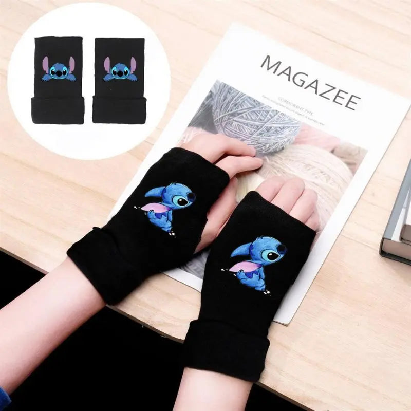 Kawaii Stitch Gloves Star Baby Anime Peripheral Half Finger Gloves Warm Printing Student Writing Boxing Boys Birthday Gift