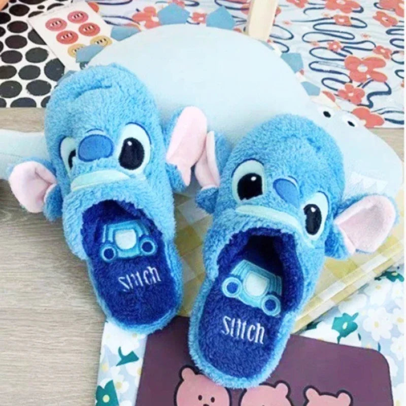 Disney Stitch Plush Slippers Men Women Winter Warm Non-slip Indoor Slippers Cartoon Fluffy Slides Home Cotton Shoes Couple Gift