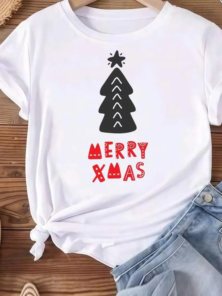 Christmas Clothes Holiday Printed Fashion New Year Women T Shirts Watercolor Tree Cute Top Merry Tees Clothing Graphic T-shirts