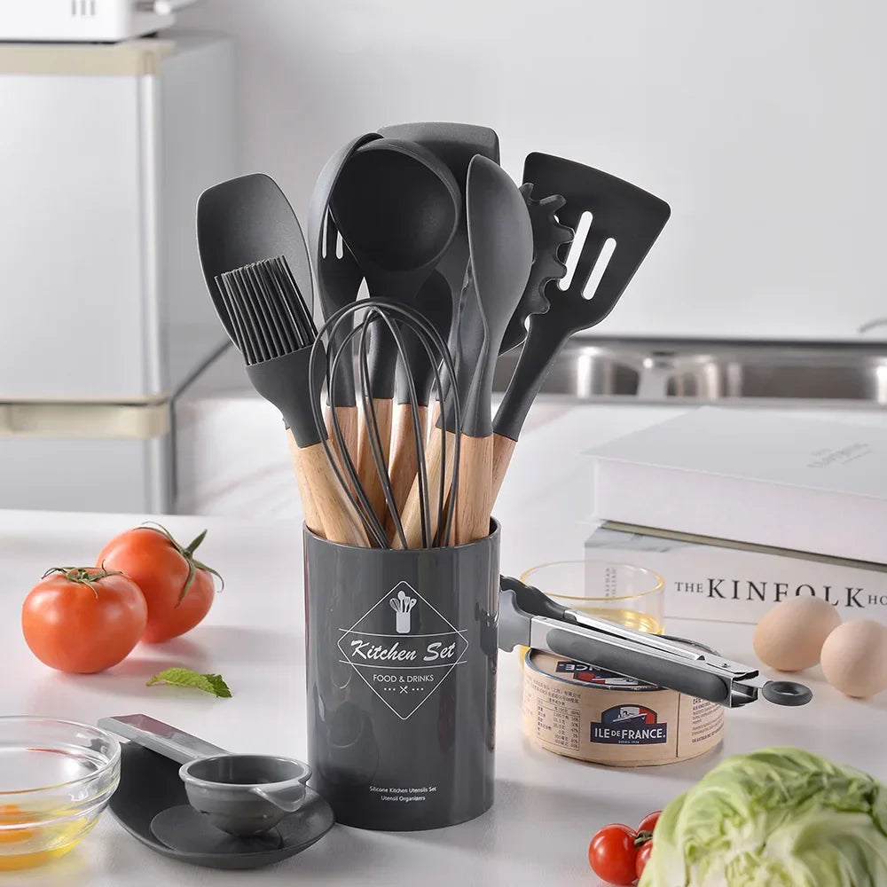 12Pcs Silicone Utensils Set Non-Stick Cookware Spatula Shovel Egg Beaters Wooden Handle Kitchenware Home Kitchen Cooking Tools