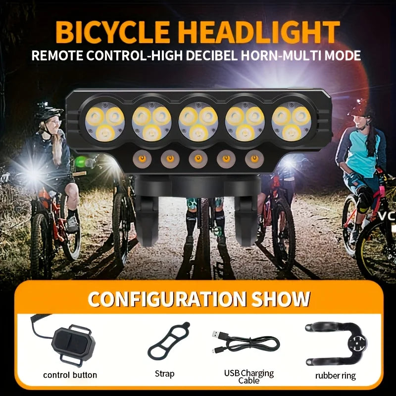 15LED Bike Light with 120DB Bell, USB Rechargeable Bicycle Headlight, 18650 Battery & Handlebar Mount, Waterproof Cycling Gear