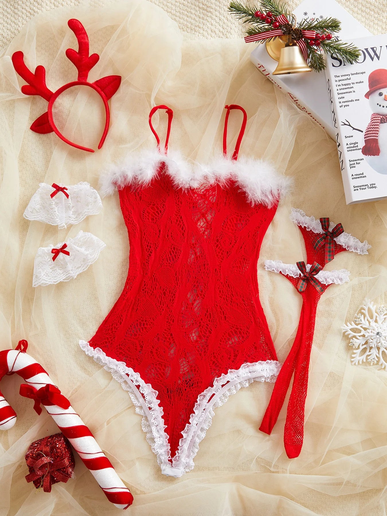 [Christmas] Sexy Red Lingerie/ Elegant Bodysuit with Bow Detail - No Padding, Perfect for Christmas and Holiday Parties, Festive