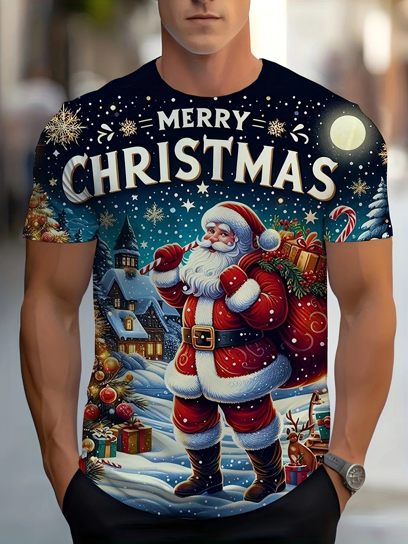 Christmas men's shirt, snow train scene printed t-shirt, soft and durable fabric, fashionable and casual Christmas clothing