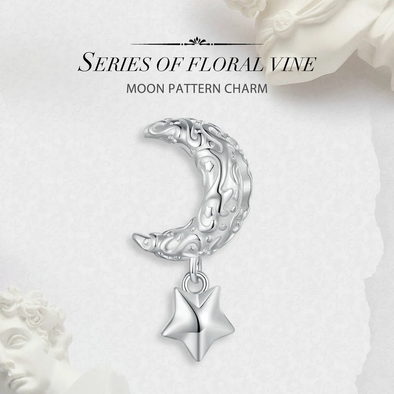 BISAER 100% 925 Sterling Silver Moon Star Charm Bead Floral Pattern Safety Chain Fit Woman DIY Bracelet Fine Jewelry ECC2619