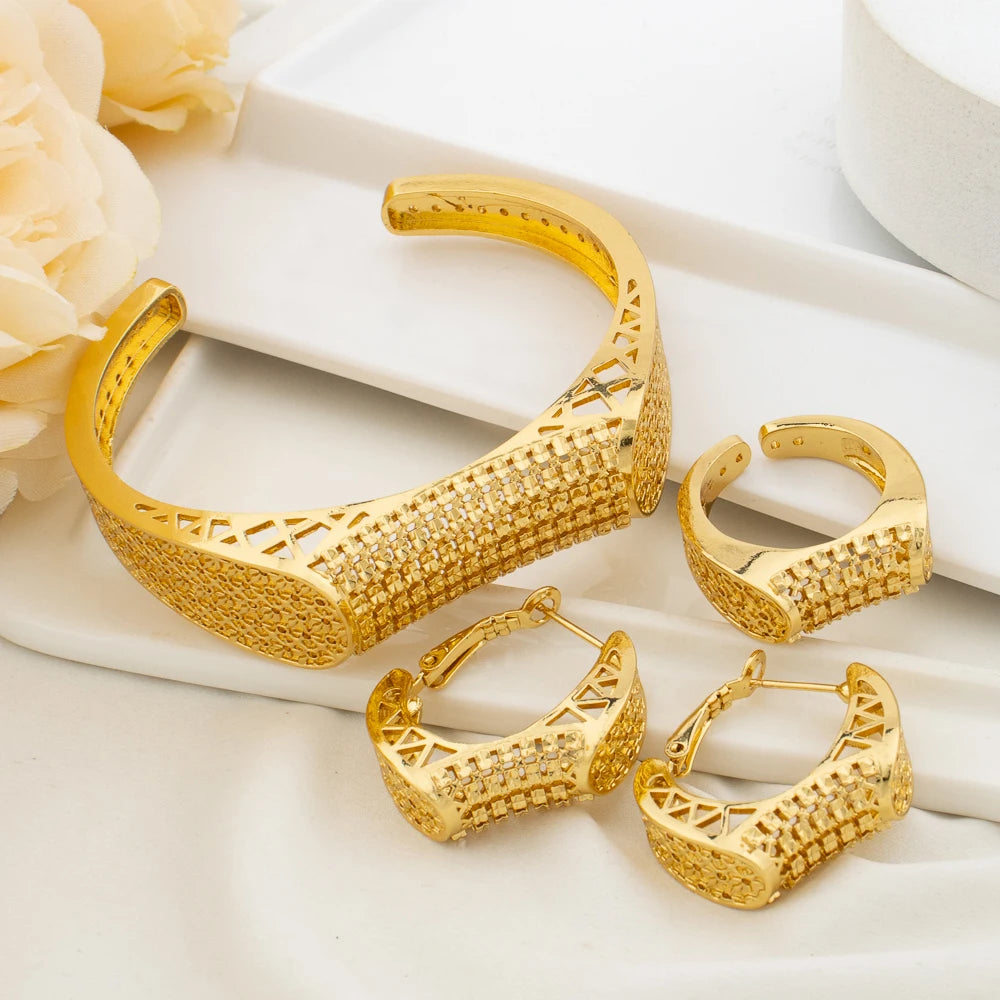 Bangle Italy France Women Bracelet Ring Copper Earrings Luxury Dubai Gold Plated Adjustable Ring Exquisite Wedding Jewelry