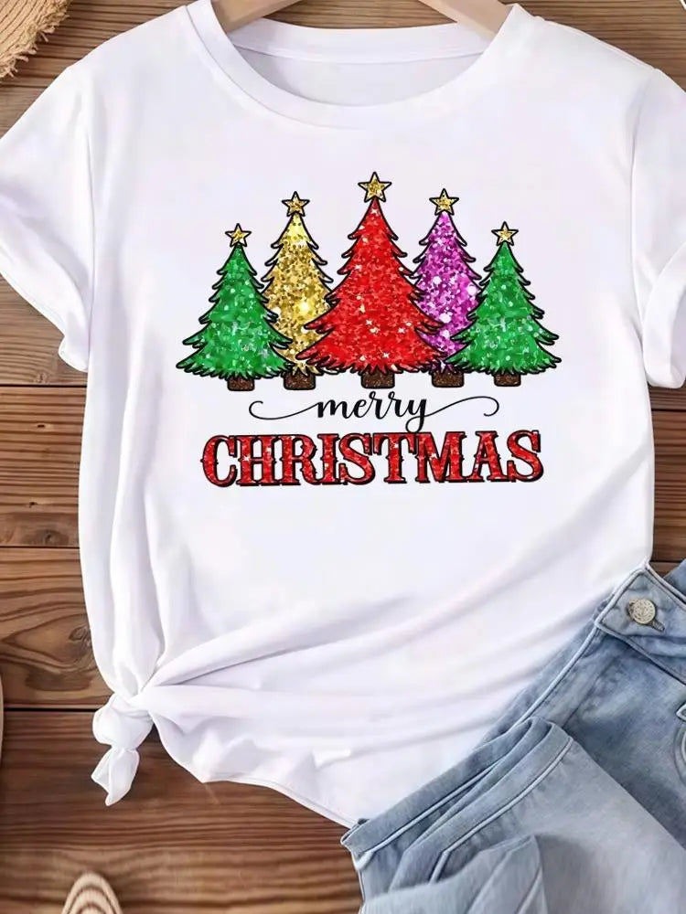 Christmas Clothes Holiday Printed Fashion New Year Women T Shirts Watercolor Tree Cute Top Merry Tees Clothing Graphic T-shirts