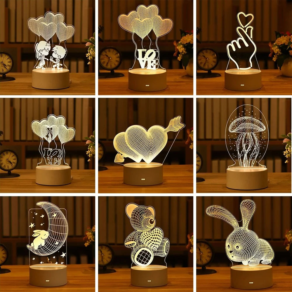 2022 Valentines Day Gift 3D Love Lamp Acrylic Bear Rose LED Night Light Kids Birthday Gift Rabbit Easter Deco Wedding Decoration