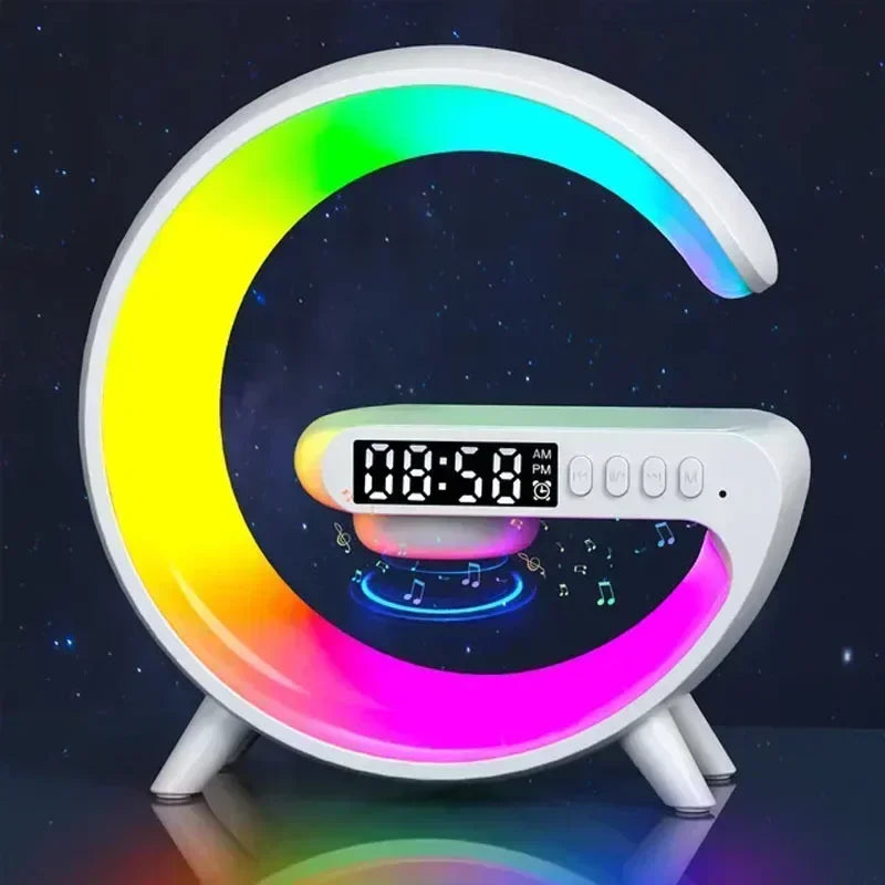 Carregador sem fio Pad com despertador, carregamento rápido Dock Station, Stand Speaker, TF Card, RGB Night Light, Lampada
