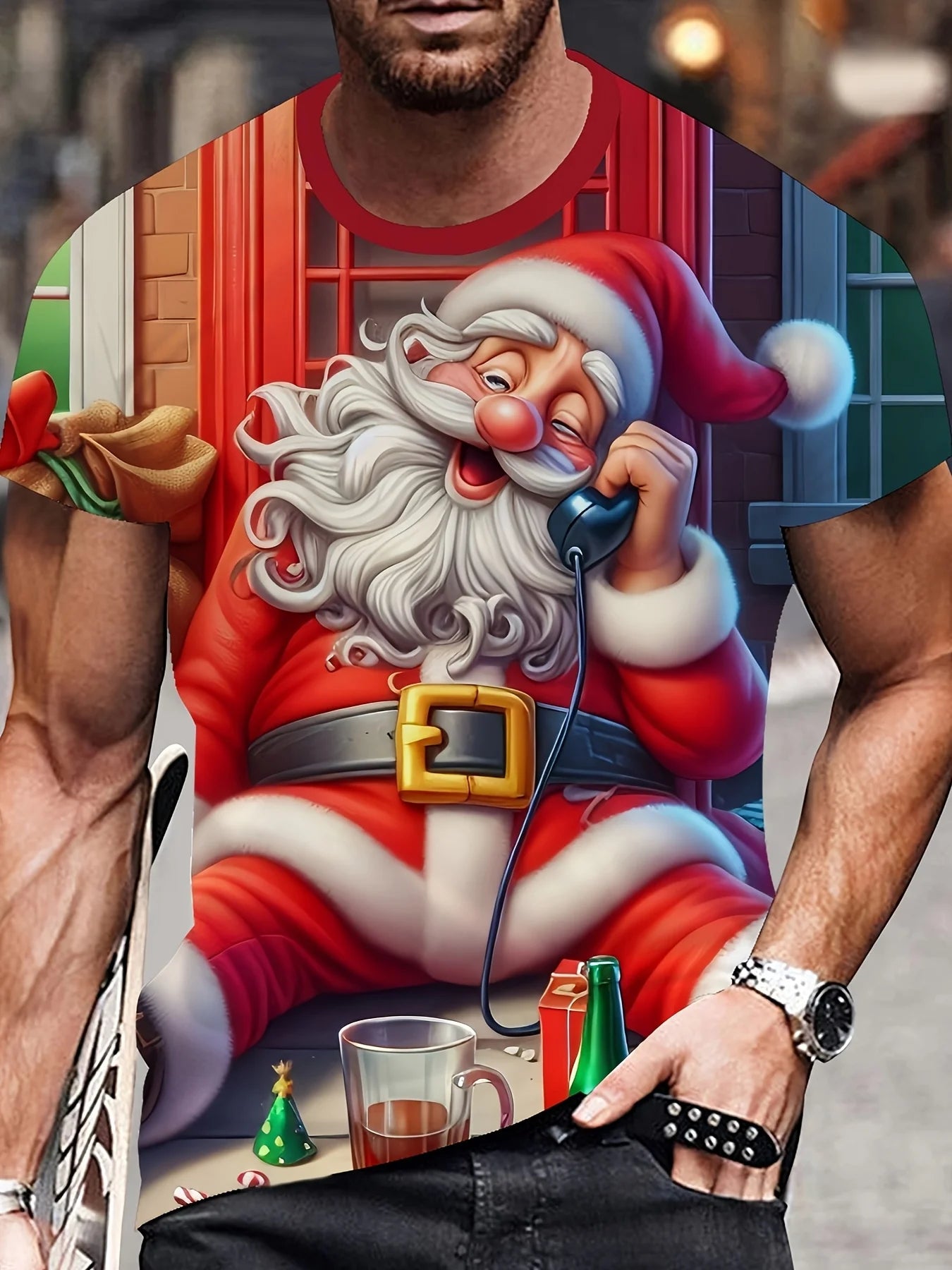 Christmas men's shirt, snow train scene printed t-shirt, soft and durable fabric, fashionable and casual Christmas clothing