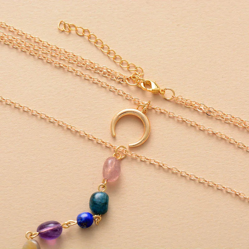High End Natural Stones 7 Chakra Gold Plated Chain Heart Pendant Chokers Necklace Minimalist Women Spiritual Layered Jewelry