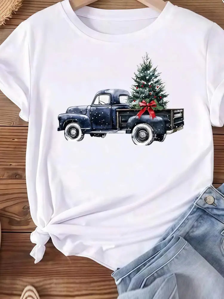Christmas Clothes Holiday Printed Fashion New Year Women T Shirts Watercolor Tree Cute Top Merry Tees Clothing Graphic T-shirts