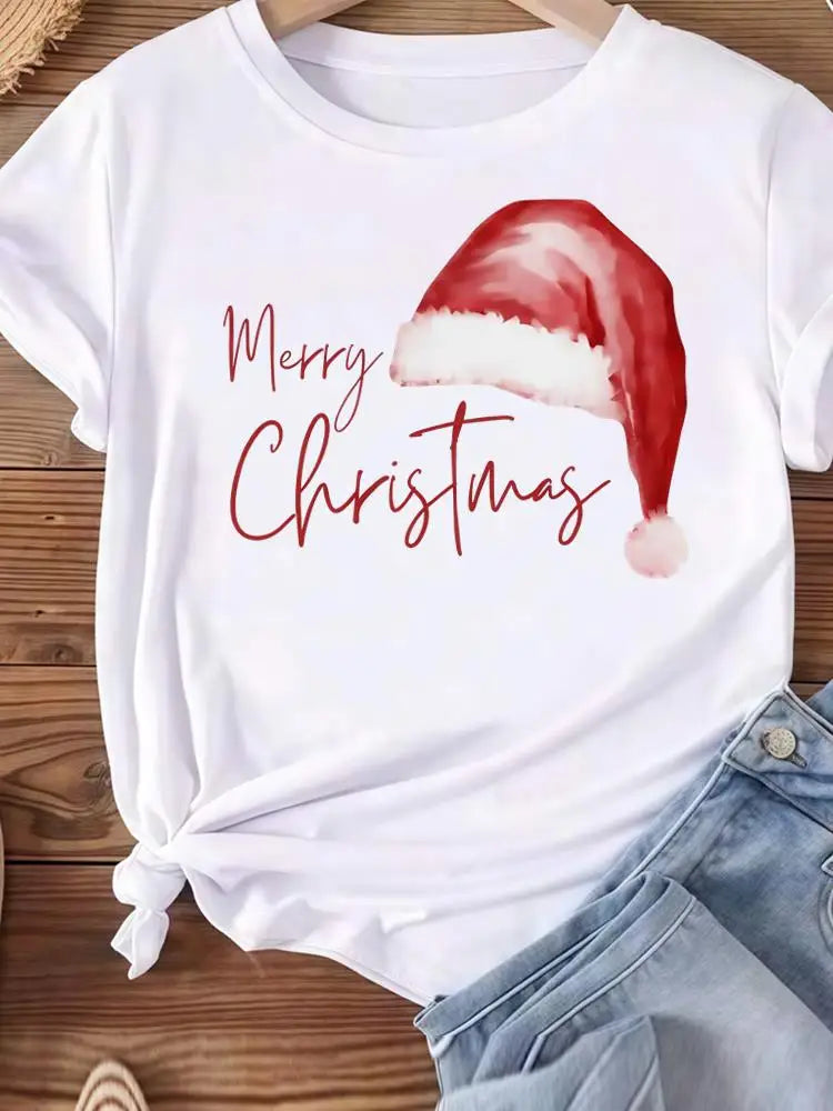 Christmas Clothes Holiday Printed Fashion New Year Women T Shirts Watercolor Tree Cute Top Merry Tees Clothing Graphic T-shirts