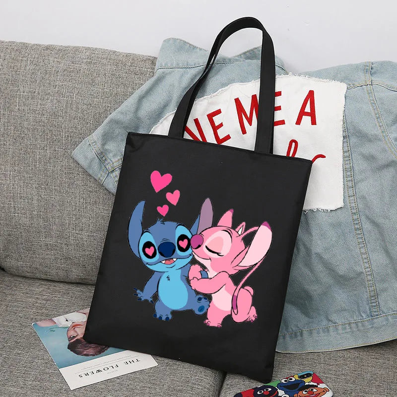 Cartoon Lilo & Stitch Canvas Handbag 2024 Disney Anime Angel Pattern Large Capacity Tote Bag for Women Casual Shopping Bag