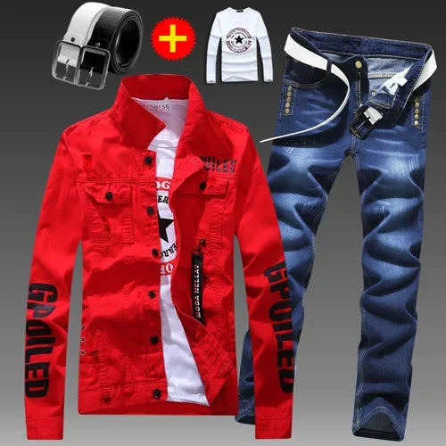 Men's Slim Fit Denim Jacket Pants 2pcs Set Long Sleeve Coats Letters Printed Casual Large Size Black White Red Boys Trousers