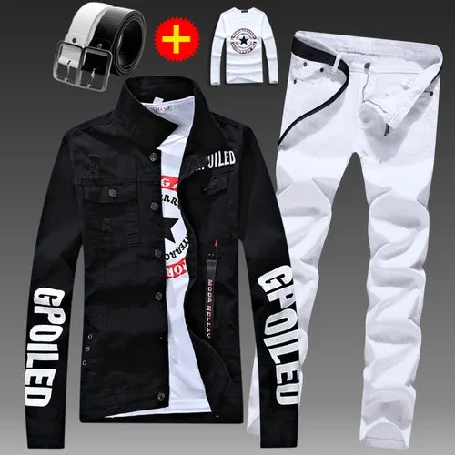 Men's Slim Fit Denim Jacket Pants 2pcs Set Long Sleeve Coats Letters Printed Casual Large Size Black White Red Boys Trousers