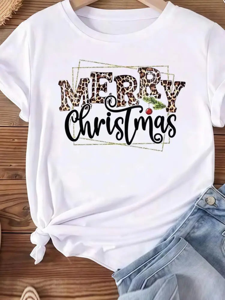 Christmas Clothes Holiday Printed Fashion New Year Women T Shirts Watercolor Tree Cute Top Merry Tees Clothing Graphic T-shirts