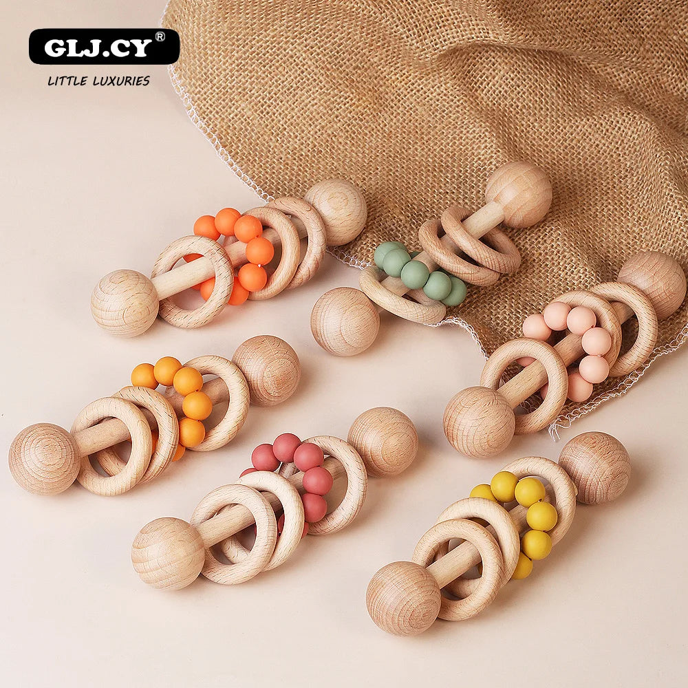 1pc Baby Toys Beech Wooden Rattle Hand Bells Toys Of Newbron Montessori Educational Toys Mobile Rattle Wooden Ring Baby Products