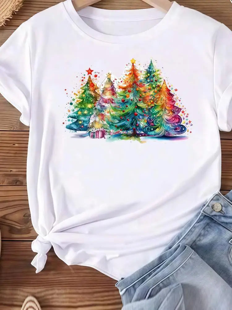 Christmas Clothes Holiday Printed Fashion New Year Women T Shirts Watercolor Tree Cute Top Merry Tees Clothing Graphic T-shirts