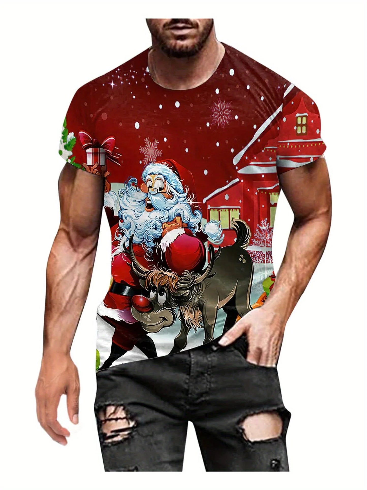 Christmas men's shirt, snow train scene printed t-shirt, soft and durable fabric, fashionable and casual Christmas clothing
