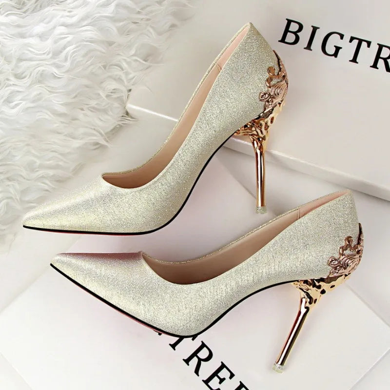 2023 Spring Women Shoes Pointed Toe Pumps Dress Shoes 10CM Thin High Heels Boat Shoes Flock Frosted Metal Hollow Wedding Shoes
