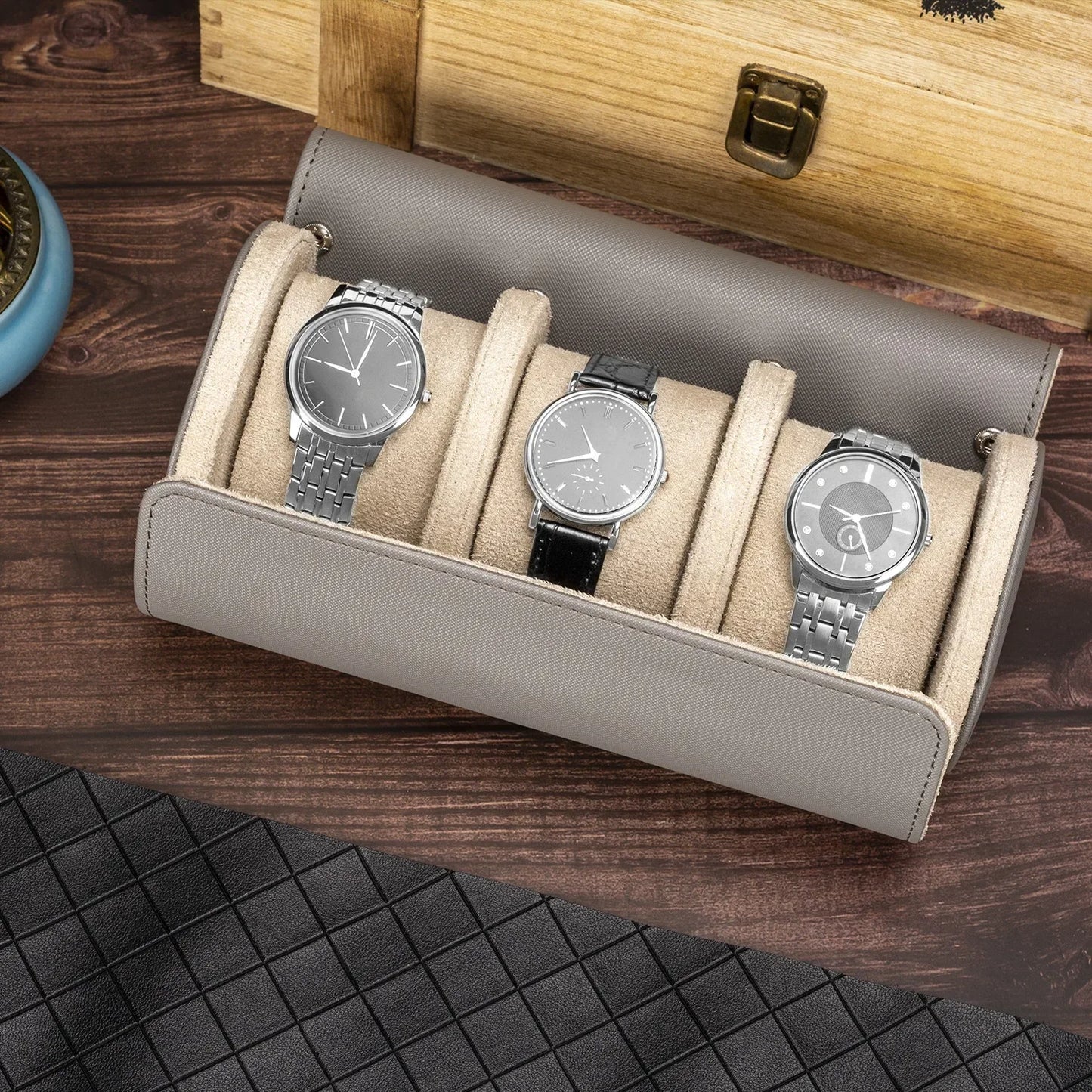 Watch Roll Travel Case for Storage Organizer, Anti-Scratching 3-Digit Watch Box for Men Women Jewelry Necklace Bracelet Display