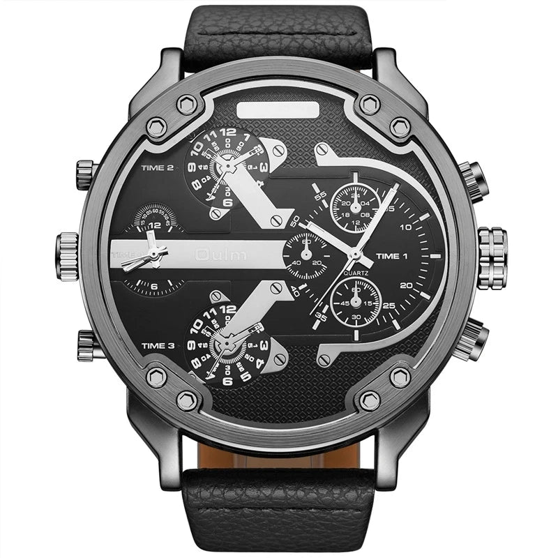 Oulm Men's Casual Sports Watches Unique Design Big Watch Male Leather Strap Quartz Clock Double Time Zone Men Luxury Wristwatch