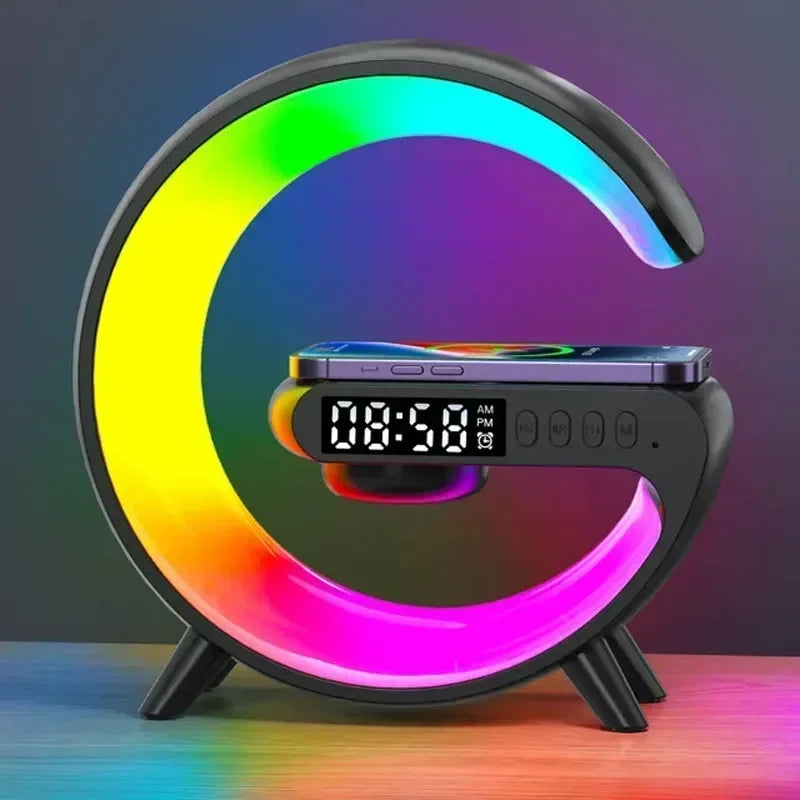 Carregador sem fio Pad com despertador, carregamento rápido Dock Station, Stand Speaker, TF Card, RGB Night Light, Lampada